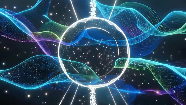 Advanced 4K 3D loop animation of big data wave with qubits streaming through cyberspace representing quantum cloud computing futuristic learning and digital information processing