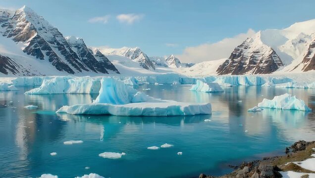 Pristine 4K landscape of icebergs and snow covered mountains Antarctica featuring high quality mirrored reflection glacial waters to capture the serenity of untouched polar beauty