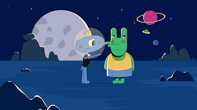 Cute alien and astronaut exploring moon surface in space cartoon animation, fantasy outer space adventure with planets, stars and sci fi characters