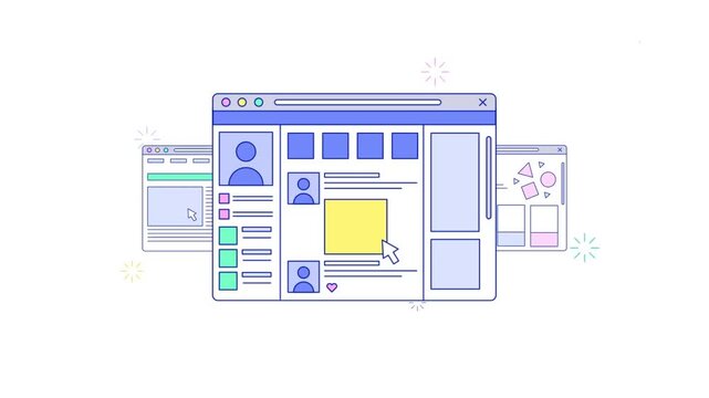 Web browser interface animation with digital windows and icons, online technology concept for internet browsing and user interface design