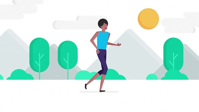 Man walking outdoors in sunny landscape animation, active lifestyle and morning routine concept with nature background and modern character design