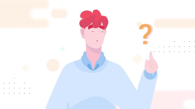 Confused young man thinking with question marks animation, problem solving and decision making concept in modern flat character style