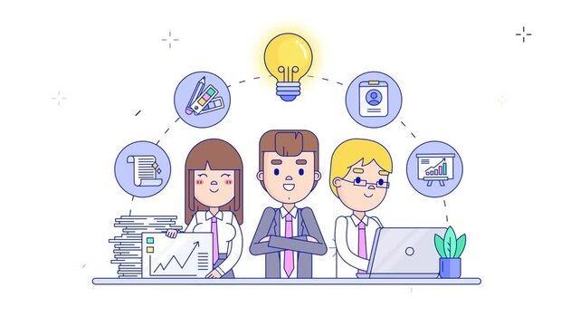 Business team brainstorming ideas animation with icons and communication symbols, teamwork and innovation concept in modern office environment