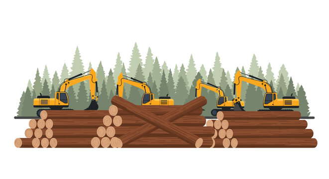 Yellow excavators operate efficiently on massive piles of harvested timber logs in front of a dense pine forest in this stylized graphic illustration.