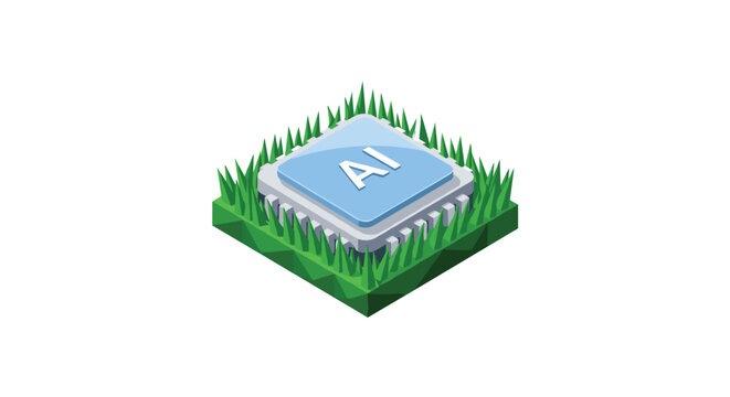 A blue computer processor chip labeled AI rests in the center of a small, vibrant patch of green grass against a clean and minimalist white background.