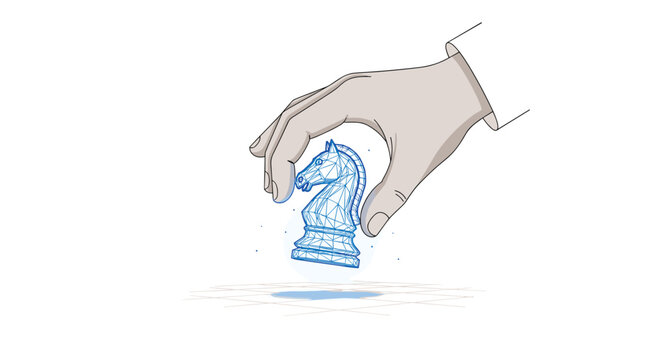 A human hand carefully holds a small glowing blue wireframe chess knight piece suspended above a subtle grid floor in a clean and minimalist environment.