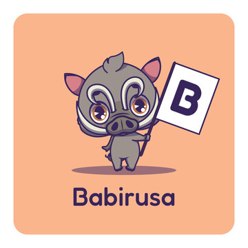 Cute babirusa holding flag with letter B for fun educational purposes, illustrations