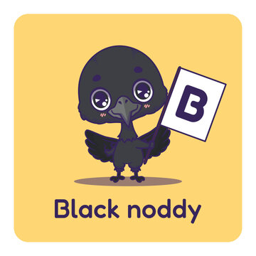Cute black noddy holding flag with letter B for fun educational purposes, illustrations