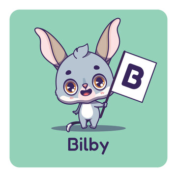 Cute bilby holding flag with letter B for fun educational purposes, illustrations