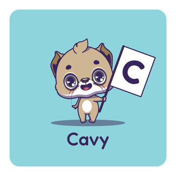Cute cavy holding flag with letter C for fun educational purposes, illustrations
