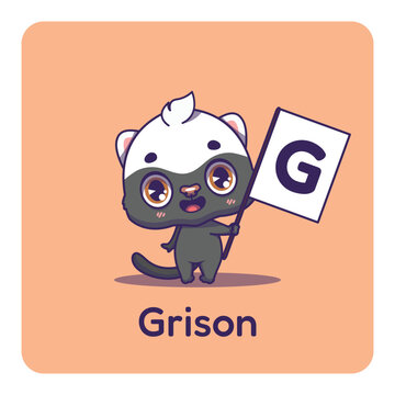 Cute grison holding flag with letter G for fun educational purposes, illustrations