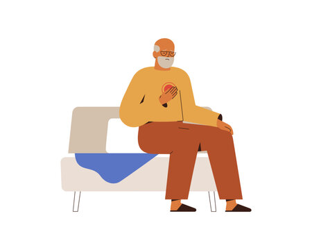 Elderly man wakes with heartbeat symptom. Senior male sits on the bed with difficulty breath. Insomnia and age-related cardio disorders concept. Grandfather suffers from insomnia. Vector illustration
