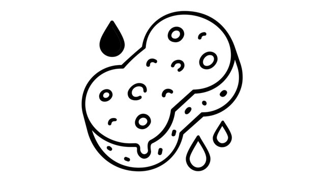 Minimalist sponge vector icon illustration with water drops for cleaning, hygiene, and household chores. Scalable black and white line art graphic for car wash, bathroom, and kitchen maintenance.
