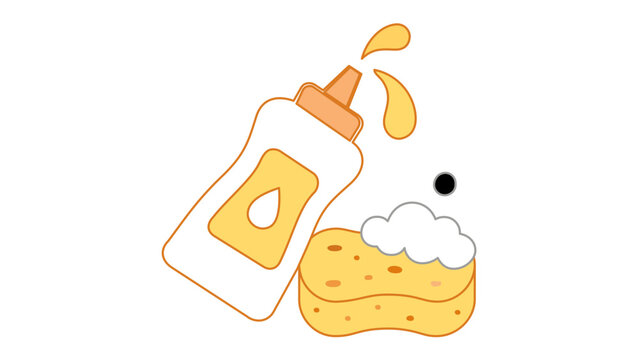 Vector illustration of a dish soap bottle pouring liquid detergent onto a soapy sponge with foam and bubbles, flat line icon design for household cleaning, kitchen hygiene, and domestic chores.
