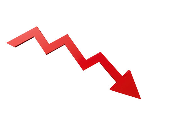 Red arrow moving downwards, symbolizing financial market decline, recession, economic crisis, bankruptcy, and loss against a transparent background