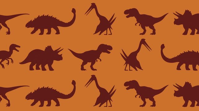 Animation of dinosaurs silhouettes moving in opposite directions. Prehistoric pattern background with minimal flat style, educational or children decorative use. 4K