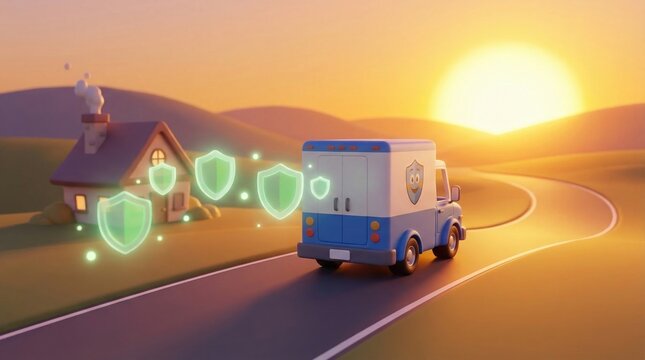 A 3D cartoon van drives toward a house with glowing shield icons at sunset. It represents home protection and pest security. Ideal for service marketing and advertisement materials.