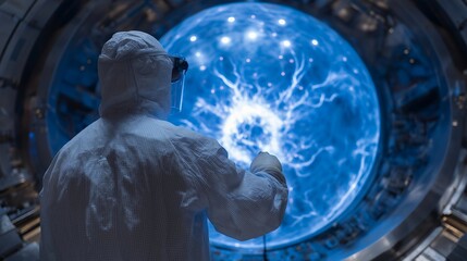 Obraz premium Donut-shaped tokamak reactor interior bathed in electric blue plasma light, technician in white cleanroom suit adjusting magnetic coil connector, curved steel chamber reflecting brilliant glow,