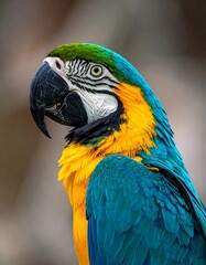 Obraz premium A vibrant portrait of a macaw with striking blue, yellow, and green plumage. The bird's beak is black and sharply curved