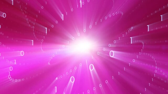 Glowing binary numbers swirling in a colorful pink and magenta light burst. Radiating motion with luminous digits creates a dynamic data flow and futuristic technology background. Seamless looping.