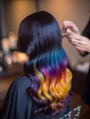Fototapeta premium Hairstylist creating elegant soft waves with vibrant multi-colored ombre hair blending deep blue, purple, and bright golden yellow tones in salon setting