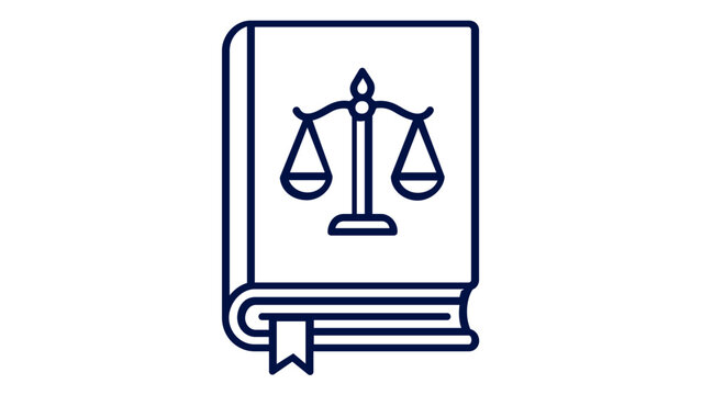 Minimalist vector icon illustration of a law book featuring the scales of justice symbol. Clean line art design perfect for legal services, judiciary, court, attorney, and justice concepts.