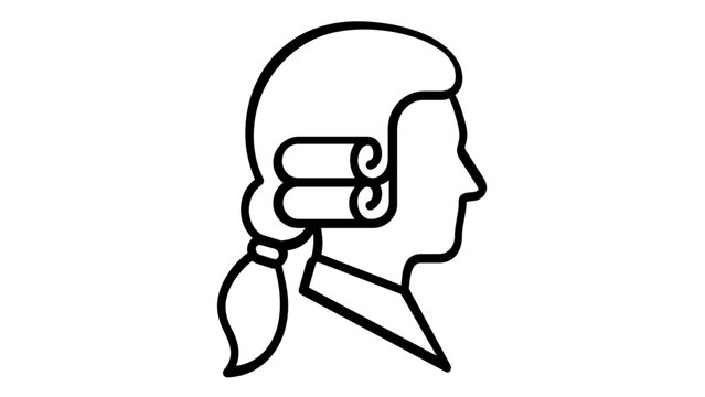 Minimalist vector icon illustration of a judge or barrister wearing a traditional legal wig in profile, representing law, justice, and the court system for legal services, advocacy, and trials.
