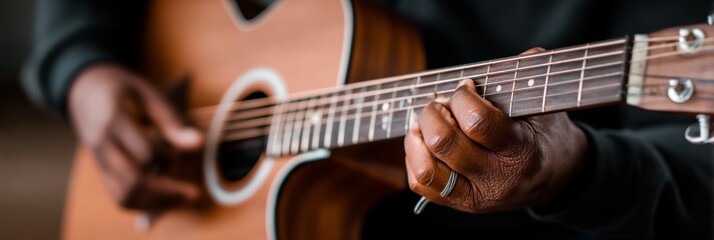 Obraz premium Close-up of a Black male playing an acoustic guitar with focused expression.