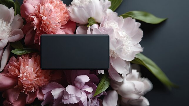 A sleek black smartphone surrounded by vibrant pink and white peonies.