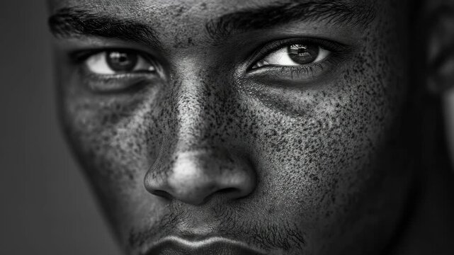 A modern black and white portrait of an African American man, featuring a speckled effect and textured background.
