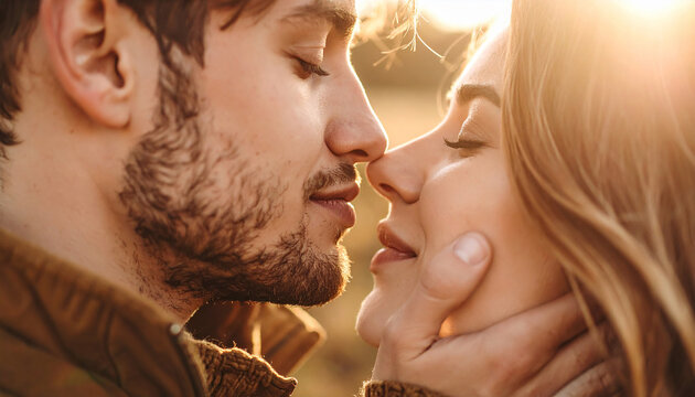 una pareja bes&aacute;ndose en los labios en exterior con luz c&aacute;lida, transmitiendo amor puro, conexi&oacute;n emocional y romanticismo en el dia internacional del beso