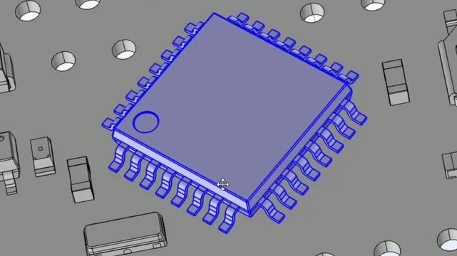 Video animation of computer 3d modeling of electronic component - integrated micro circuit of cpu. Engineering technical analysis,
investigation of pcb radio part
using technic cad aided design system