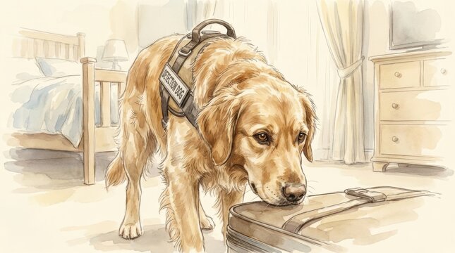 A golden retriever detection dog sniffing a suitcase in a bedroom. Professional pest control service using canine inspection for bed bugs. Ideal for extermination services and travel safety.