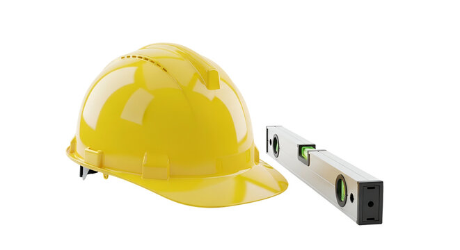 Yellow construction helmet and silver level on black background; hard hat for industrial safety building tool for construction site work