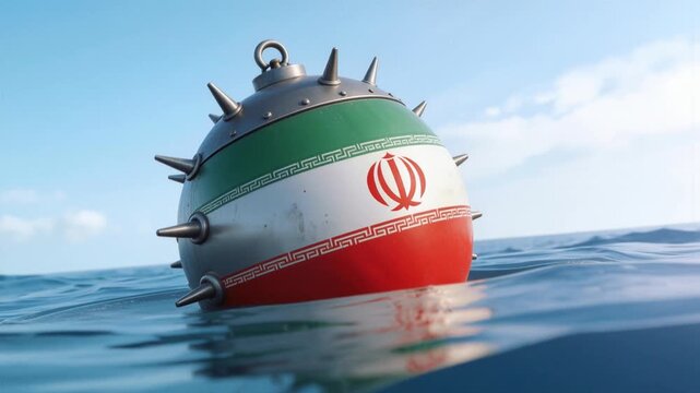 Spherical naval mine with Iranian flag floating in open sea. Concept for maritime security and naval warfare. Lockdown shot.