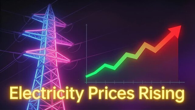 Electricity prices rising concept with neon power line and growing graph. Animated financial chart showing energy cost increase. Lockdown shot.
