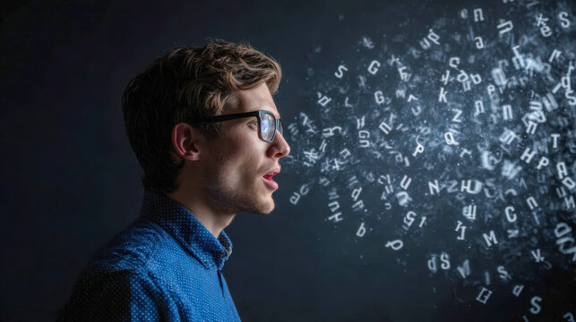 Young man wearing glasses and a blue shirt speaking as letters and symbols swirl out from his mouth against a dark background representing communication and ideas