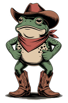 Toad wearing western boots, cowboy hat and bandanna. Standing on hind legs like a human, spot illustration