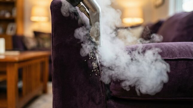 A steam cleaner nozzle treating a purple velvet sofa for bed bugs. Hot steam kills pests and sanitizes upholstery in a residential living room. Use for pest control services or home maintenance.