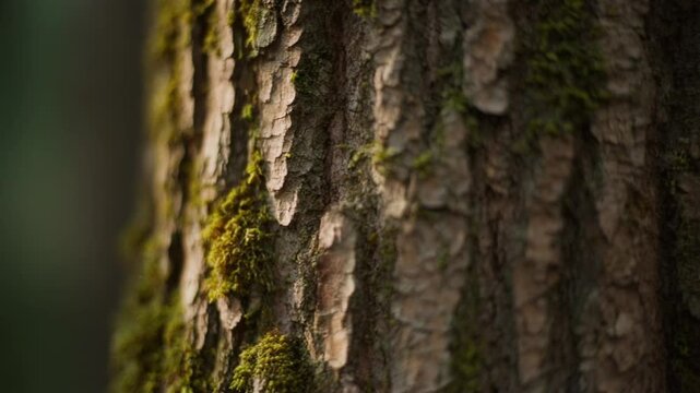 Detailed close-up of ancient tree bark, textured with vibrant green moss, illuminated by soft sunlight in a serene forest setting, highlighting the intricate patterns of nature