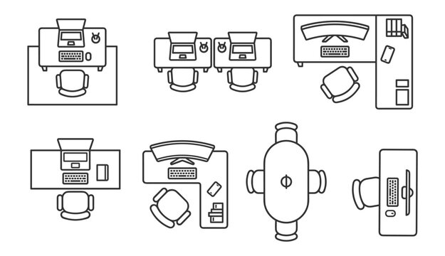 office desk top view line icons set with computers chairs and accessories on transparent background