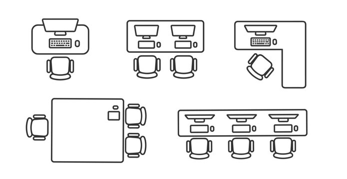 office desk and chair icons set with computer workstations and seating furniture on transparent background