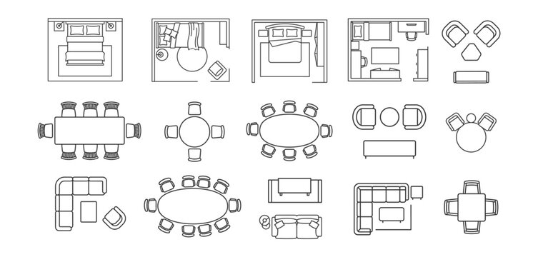 furniture layout icons collection including beds, tables, chairs, sofas, and office setups architectural floor plan symbols on transparent background
