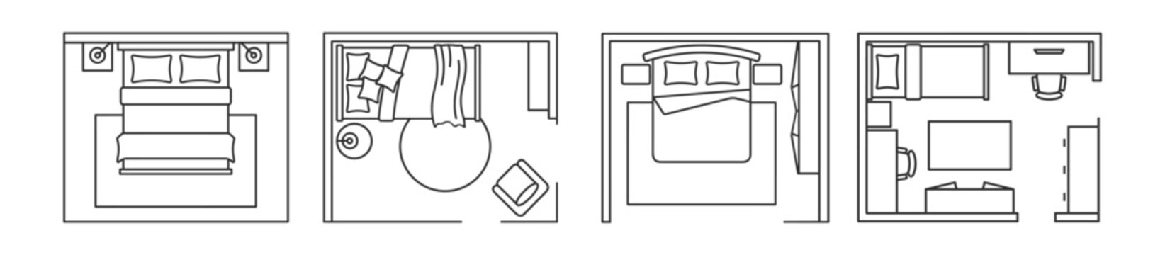 set of four bedroom floor plans with beds lamps rugs chairs tables and office furniture on transparent background