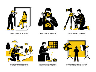 Fototapeta premium Professional photography activity set, creative people using cameras in studio and outdoor environments.