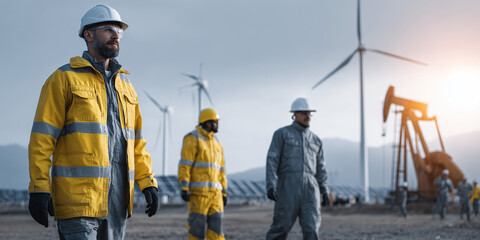 Fototapeta premium Team of engineers in uniform surveying a sustainable energy project involving wind turbines, oil pumps, and solar panels