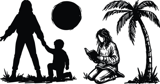 Black and white silhouette woman holding child hand with kneeling reader and palm tree
