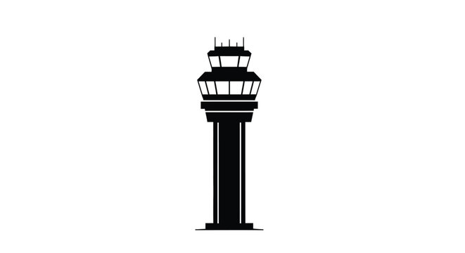 Black airport control tower icon against white background a simple silhouette design
