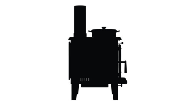 Black silhouette of a vintage russian samovar with a chimney and handles against white background