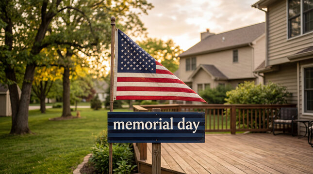 American Flag and Memorial Day Sign on a Wooden Deck in a Suburban Backyard at Sunset